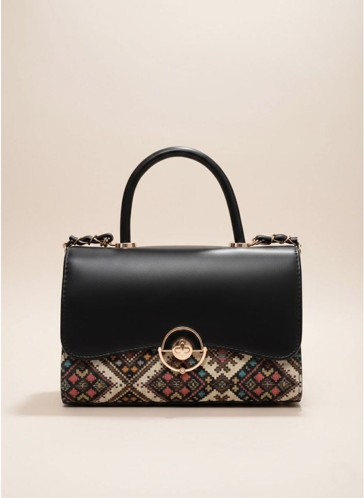 FUMES Black Women’s Handbag – Smooth Finish with Patterned Fabric Panel, Structured Top Handle & Chain Strap, Elegant Office & Evening Bag - Image 1